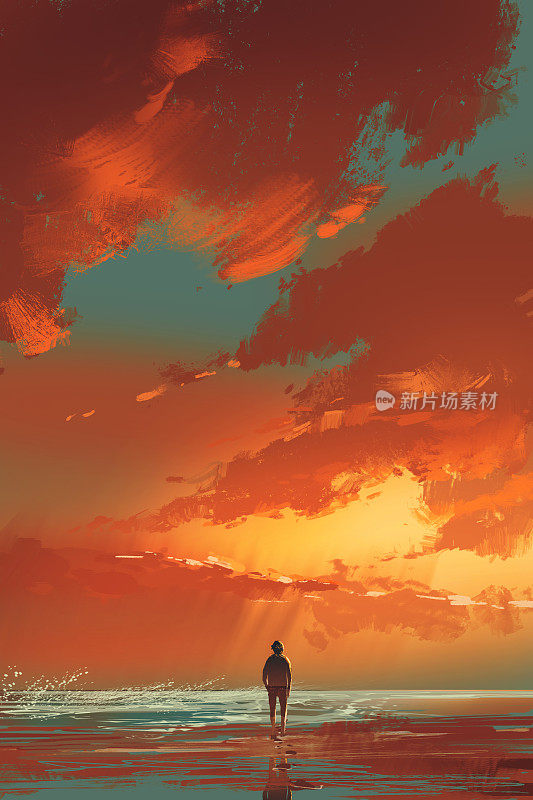 一个孤独的人站在夕阳下的海上