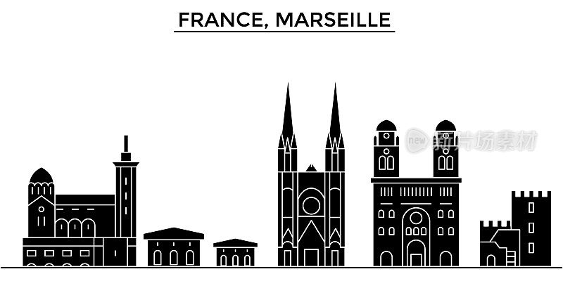法国，马赛建筑向量城市天际线，旅游城市景观与地标，建筑，孤立的景观背景