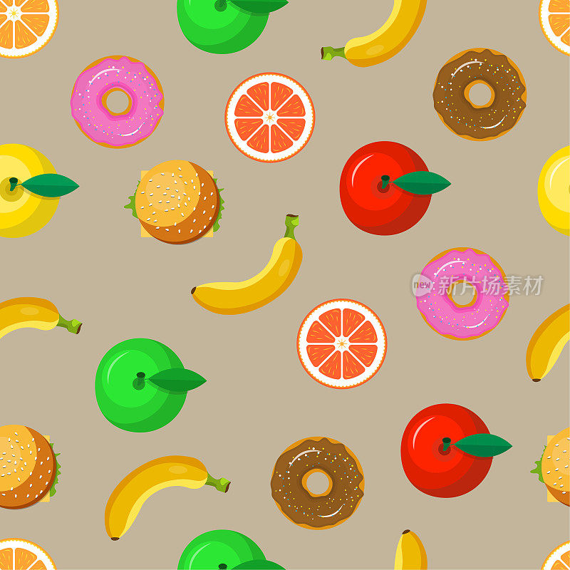 食物和水果矢量无缝模式在棕色背景。