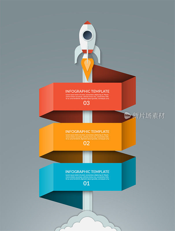 向量的启动信息图。用3个选项的横幅启动太空火箭。可用于图形，图表，图表，商业或教育概念。