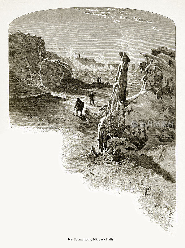 冬季的冰形成，尼亚加拉大瀑布，纽约，尼亚加拉大瀑布，安大略省，美国维多利亚版画，1872年