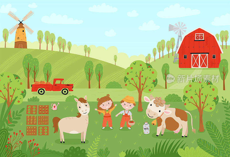 景观农场。可爱的背景与农场动物在一个平坦的风格。孩子们农民们正在收割庄稼。插图与宠物，孩子，磨坊，皮卡，谷仓，在牧场。向量