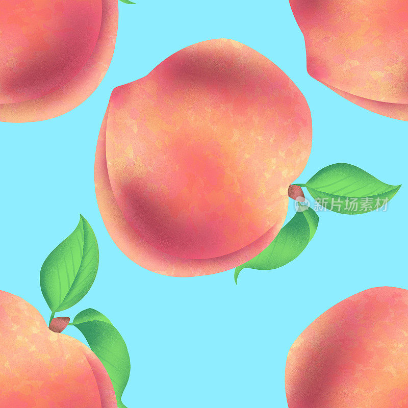 五颜六色的桃子，绿叶。原创手绘创意插图。数字艺术。杂货店平面设计。水果。夏天。维生素。素食主义者。无休止的重复模式。