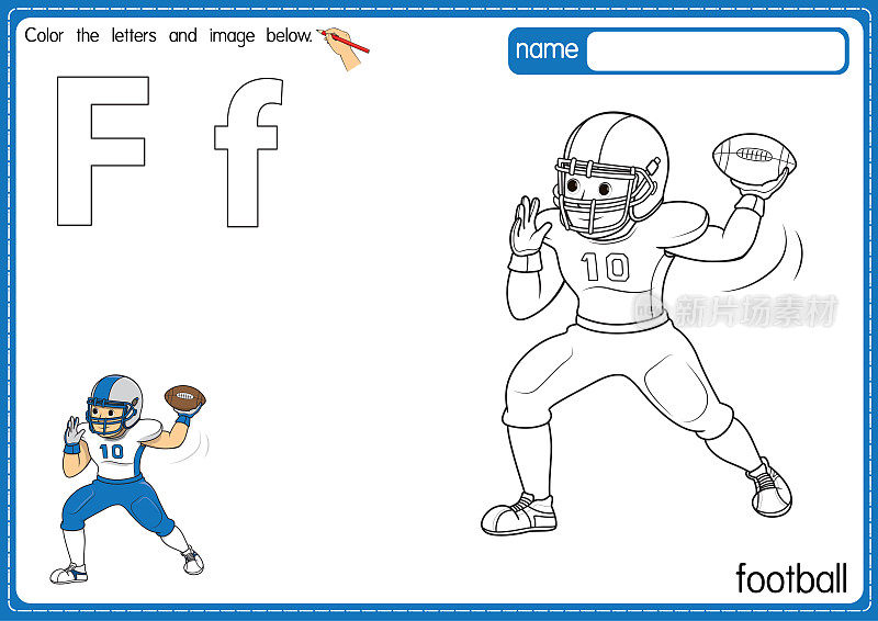 矢量插图的儿童字母着色书页与概述剪贴画，以颜色。字母F代表足球。