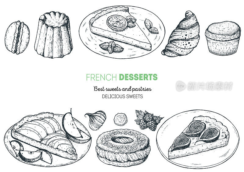 法式甜点，配马卡龙，canele，柠檬派，羊角面包，苹果派，巴黎胸肉，无花果蛋糕。法国美食俯视图框架。食品菜单设计模板。手绘草图矢量插图