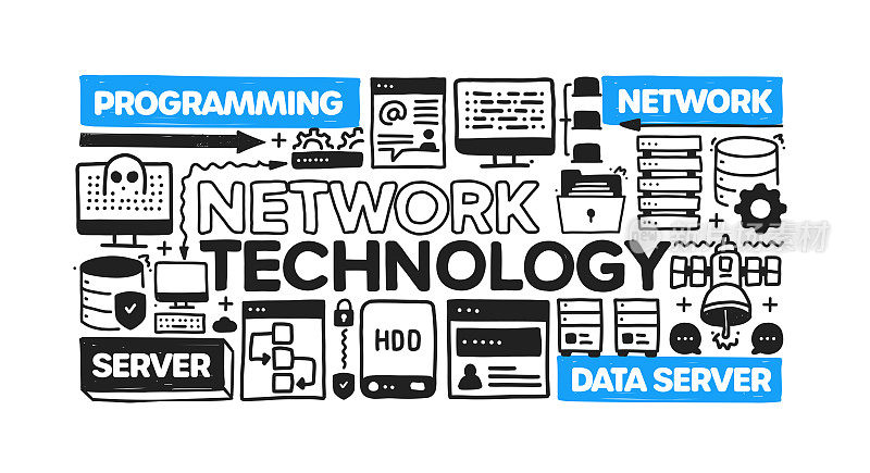 网络技术对象和元素。矢量涂鸦插图收集。手绘图标集或横幅模板