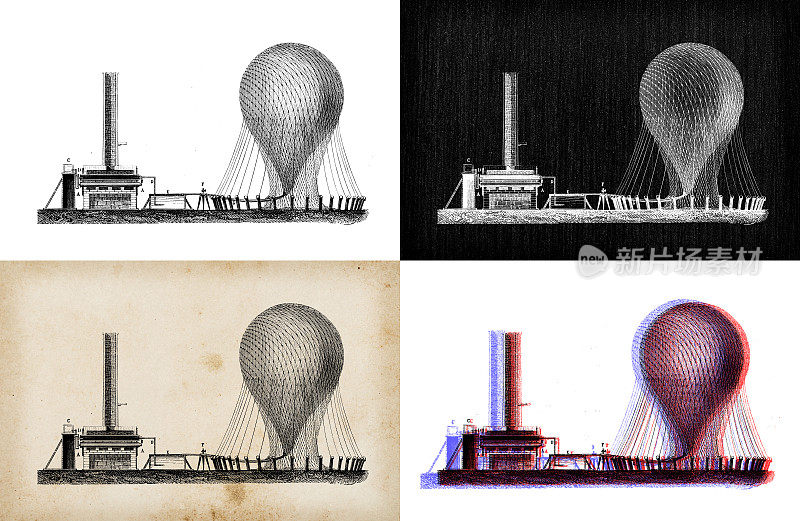 科学发现的古董插图，气球，热气球和飞艇