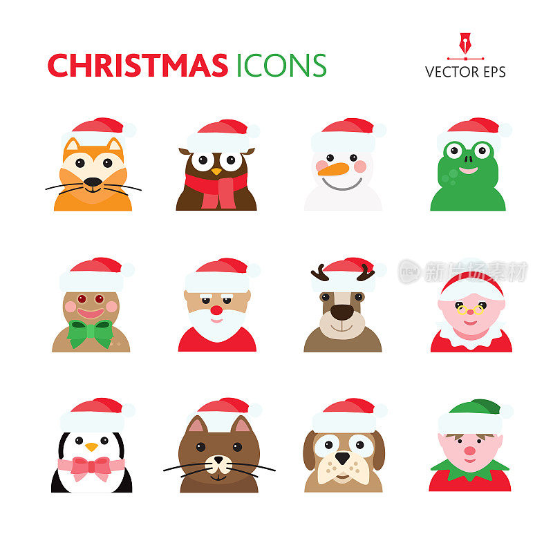 圣诞图标设置有圣诞老人，小精灵，圣诞夫人，动物和鸟微笑和戴着红色的圣诞帽