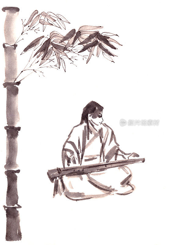 中国女音乐家穿着中国服装在竹树下弹奏古琴，中国式水墨绘画