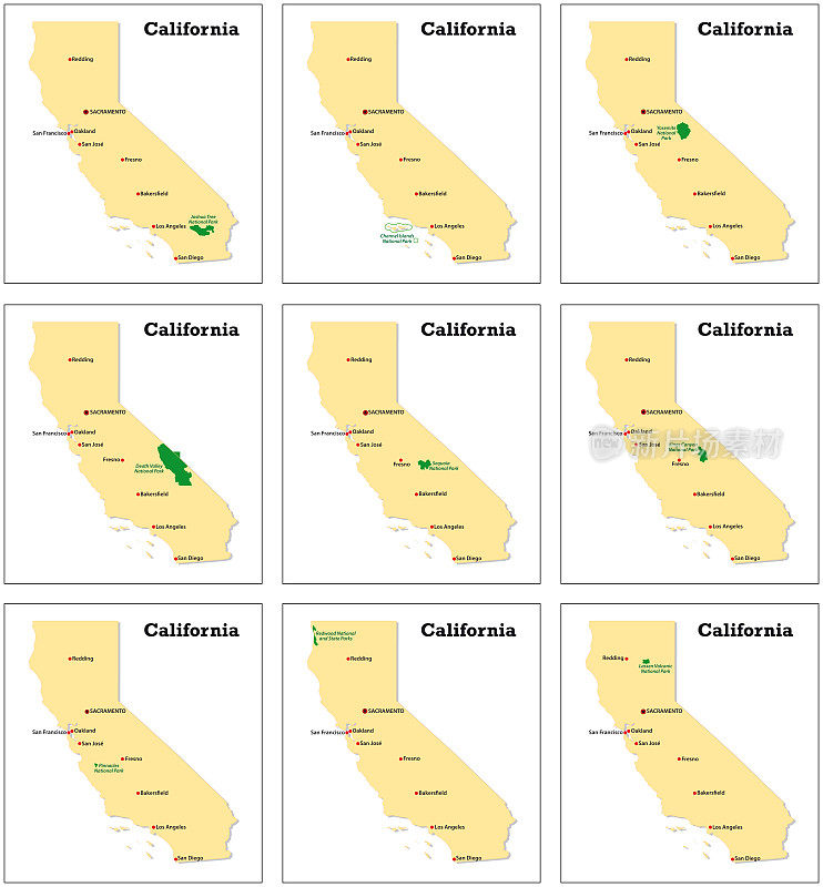 九幅加利福尼亚国家公园的矢量小地图
