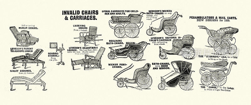维多利亚残疾设备和帮助，轮椅，沙发，搬运椅子，1890年代，19世纪