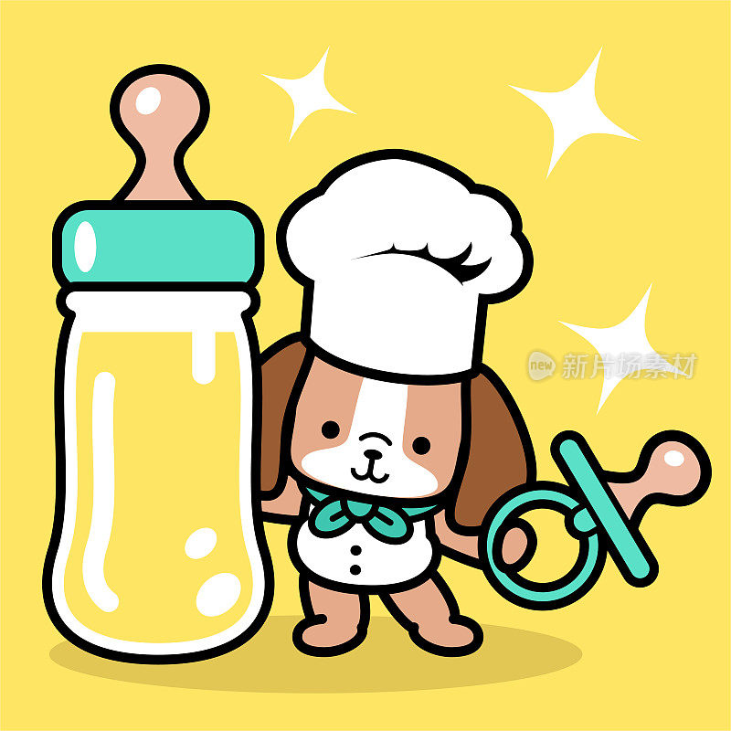 一个戴着厨师帽、拿着奶嘴、站在一个大奶瓶旁的可爱狗厨师