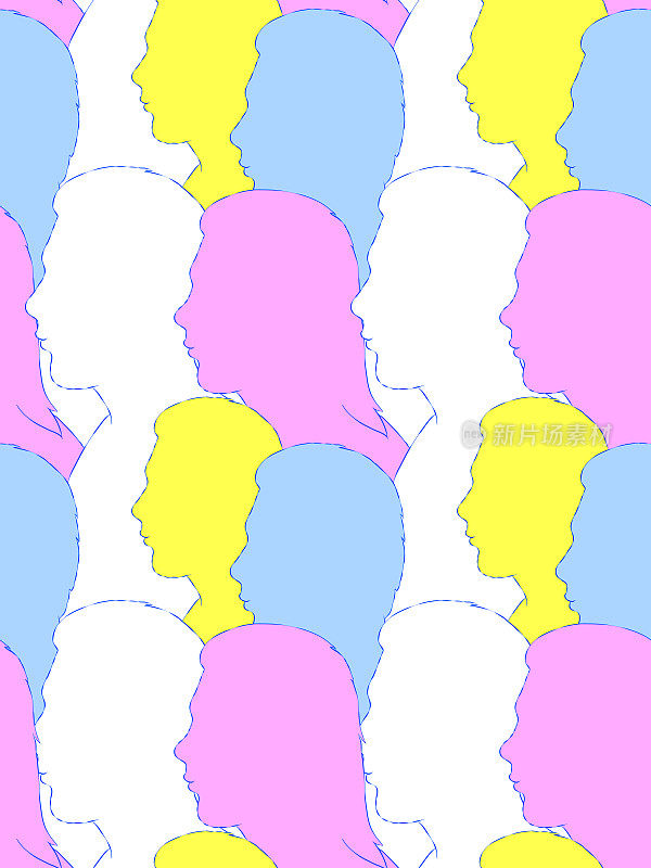 手绘抽象无缝图案-轮廓的人。