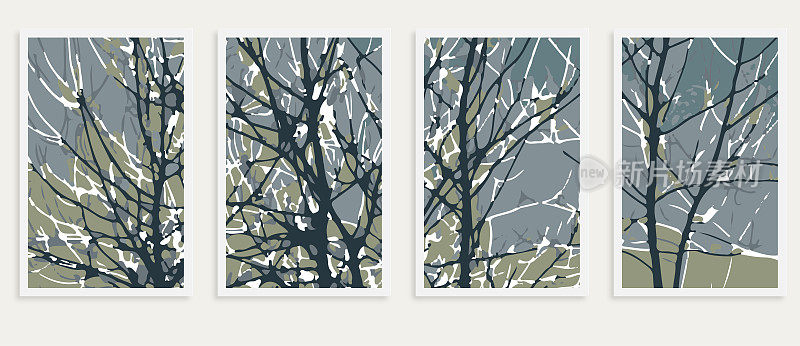 向量雕刻风格颜色树分枝场景图案模板横幅卡设计元素，插图抽象背景集合