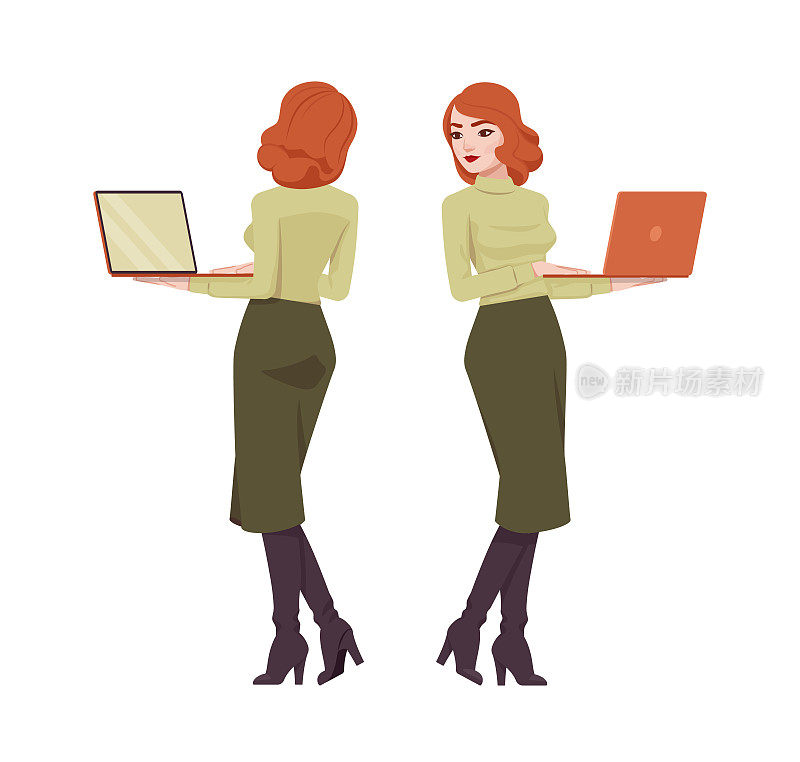 红发女秘书，有吸引力的红发女商务人士和笔记本电脑