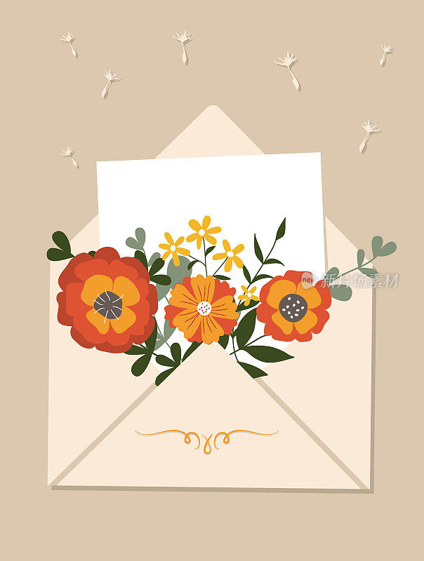 一张白纸和夏日鲜花从信封里伸出来。贺卡或邀请的模板。