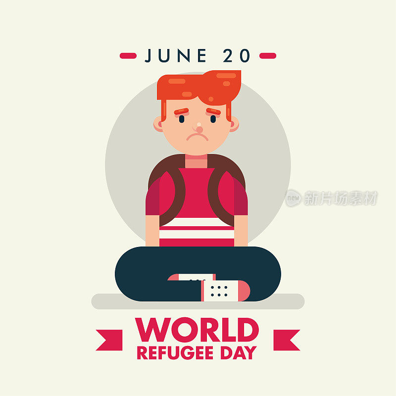 6月20日世界难民日，伤心哭泣的男孩儿童海报矢量设计