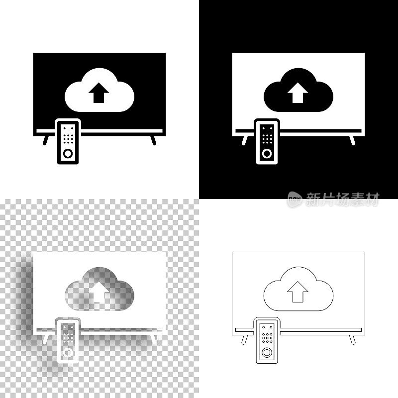 从电视上的云上传。图标设计。空白，白色和黑色背景-线图标