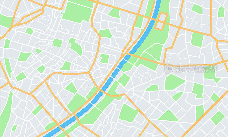 城市地图。有公园和河流的城镇街道。市区gps导航规划，抽象交通城市。向量。