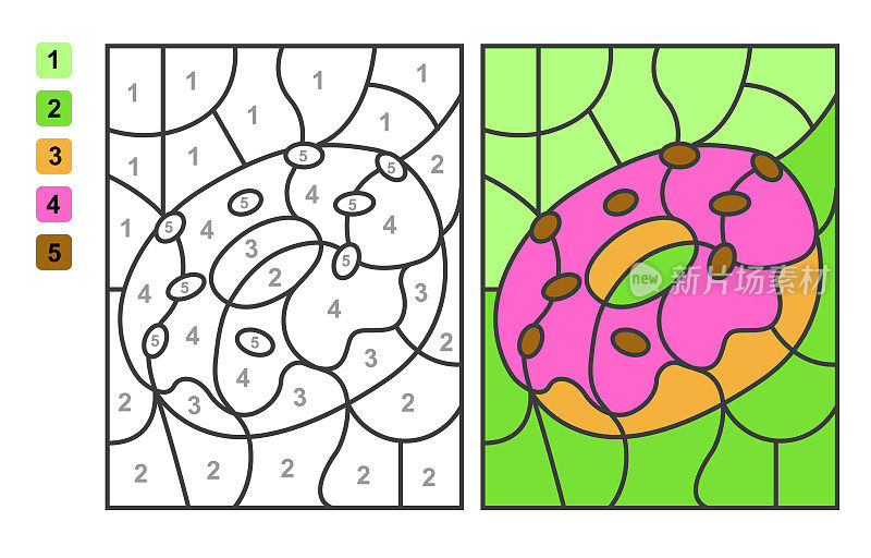 按数字给甜甜圈上色。益智游戏，儿童教育，色彩绘画和学习数学
