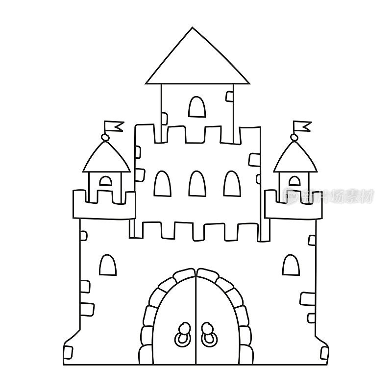 童话般的城堡。儿童涂色书页。卡通风格的角色。矢量插图孤立在白色背景上。