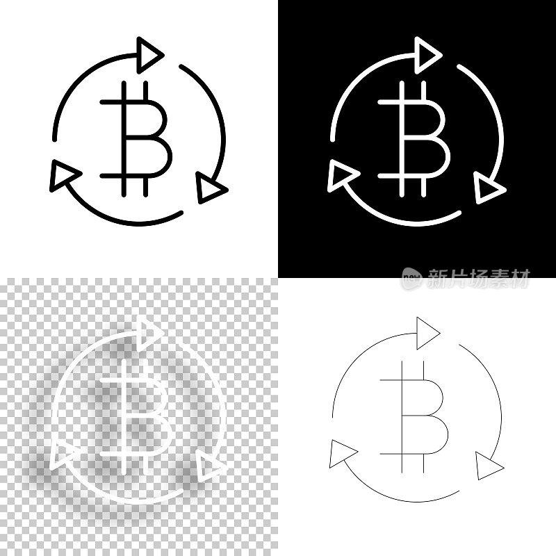 比特币重新加载。图标设计。空白，白色和黑色背景-线图标