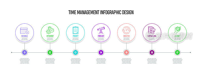 时间管理概念矢量线信息图形设计与图标。7选项或步骤的介绍，横幅，工作流程布局，流程图等。