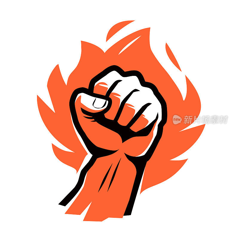 火红烈焰拳徽。握紧拳头在燃烧的火焰徽章或标志。象征力量，力量矢量插图