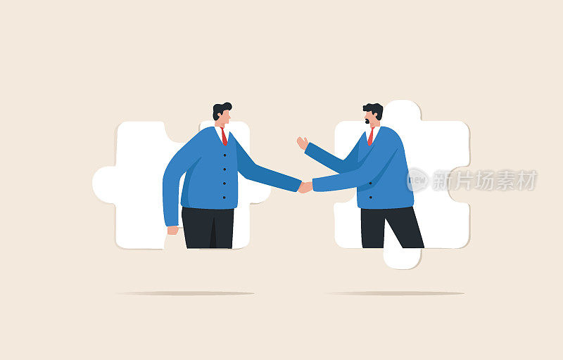 业务协议伙伴或协调合作伙伴。帮助或建立关系会带来成功。商人们在拼图上握手。