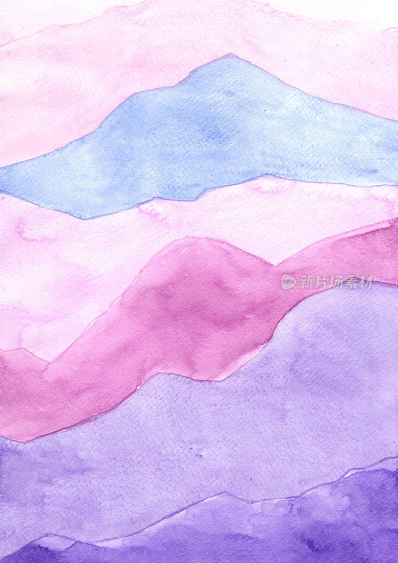 抽象的粉色和紫色山峦水彩画装饰在景观上的夜晚和浪漫的概念。