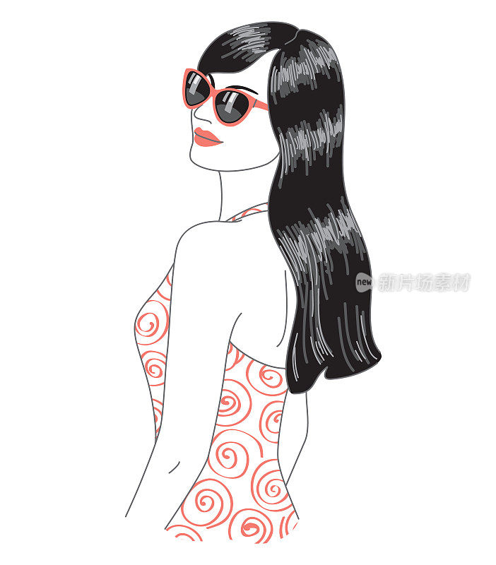 深色皮肤的女人在太阳镜线艺术插图