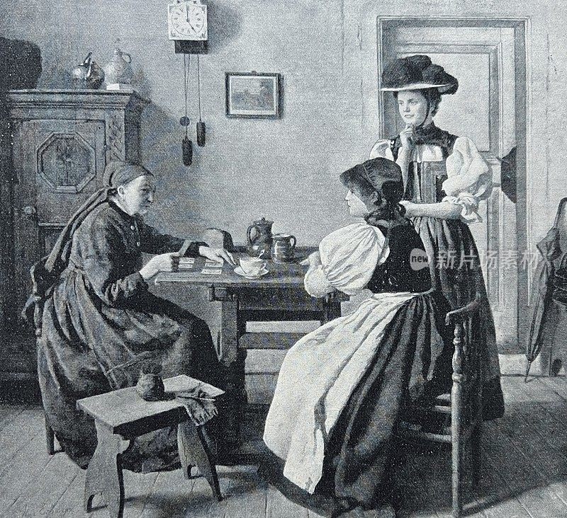 黑森林客厅里，三个女人边聊天边喝咖啡