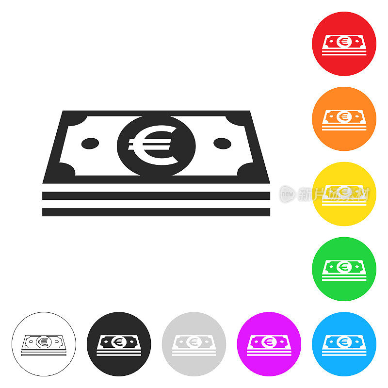 欧元纸币。彩色按钮上的图标