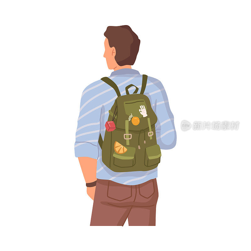 卡通大学生在上学的路上，扁平化的人物与书包的背影。矢量青年男子与背包，男性休闲服装