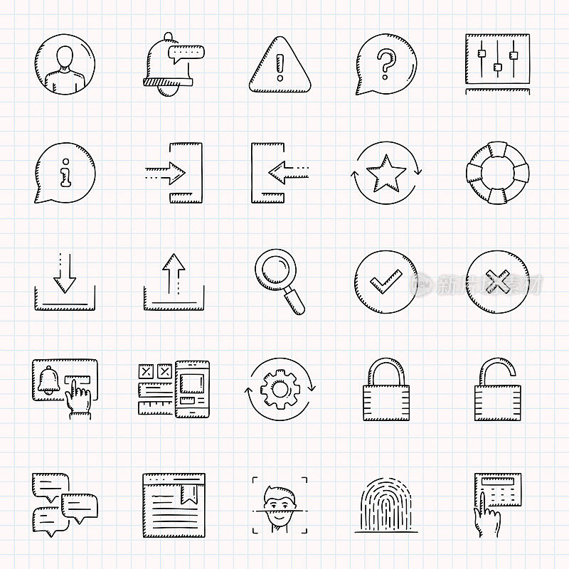 用户界面相关手绘图标集合，涂鸦风格矢量插图