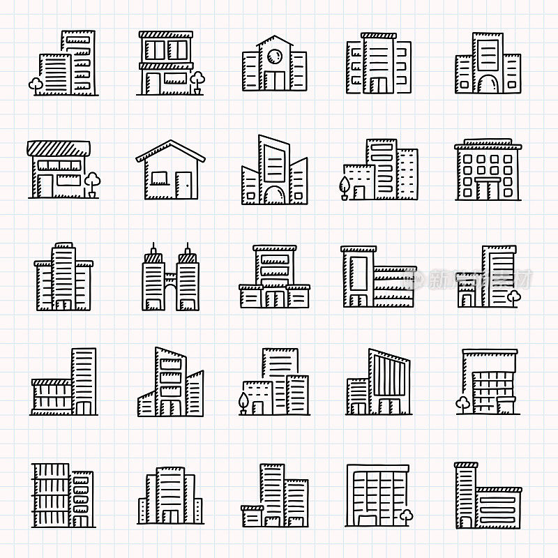 建筑相关手绘图标集合，涂鸦风格矢量插图