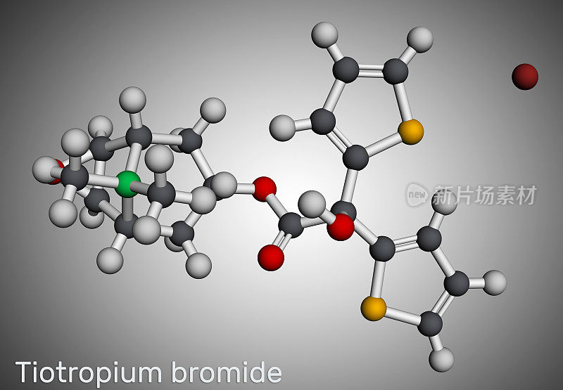 Tiotropium溴的分子。抗曲霉碱支气管扩张剂用于治疗慢性阻塞性肺疾病COPD、哮喘。分子模型。三维渲染