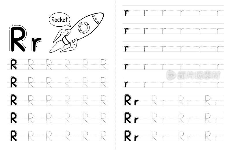 ABC字母追踪儿童书籍内部。孩子们写带有图片的作业纸。高级矢量元素字母R。
