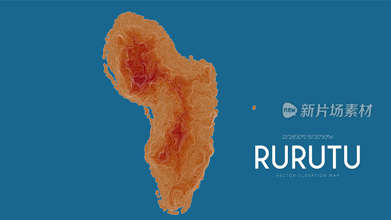 鲁鲁图，南群岛，法属波利尼西亚，太平洋的地形图。海岛矢量详细高程图。地理优美的山水轮廓海报。