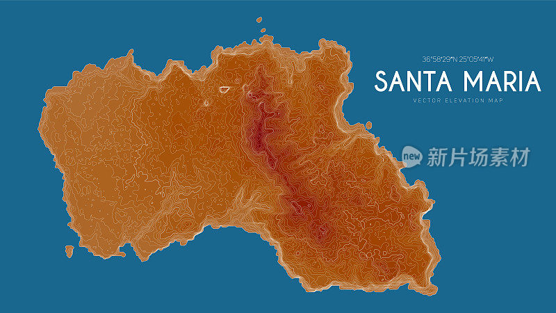 葡萄牙亚速尔群岛圣玛丽亚的地形图。海岛矢量详细高程图。地理优美的山水轮廓海报。