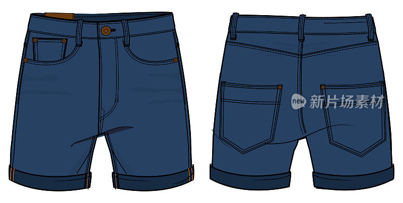 牛仔短裤设计平面素描矢量插图，Chino休闲短裤概念与前后视图，印刷步行百慕大步行牛仔裤短裤设计插图