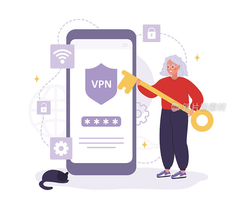 VPN技术。长者使用软件保护个人资料。虚拟专用网络连接。互联网服务提供商。安全的网络流量。矢量插图在平面卡通风格