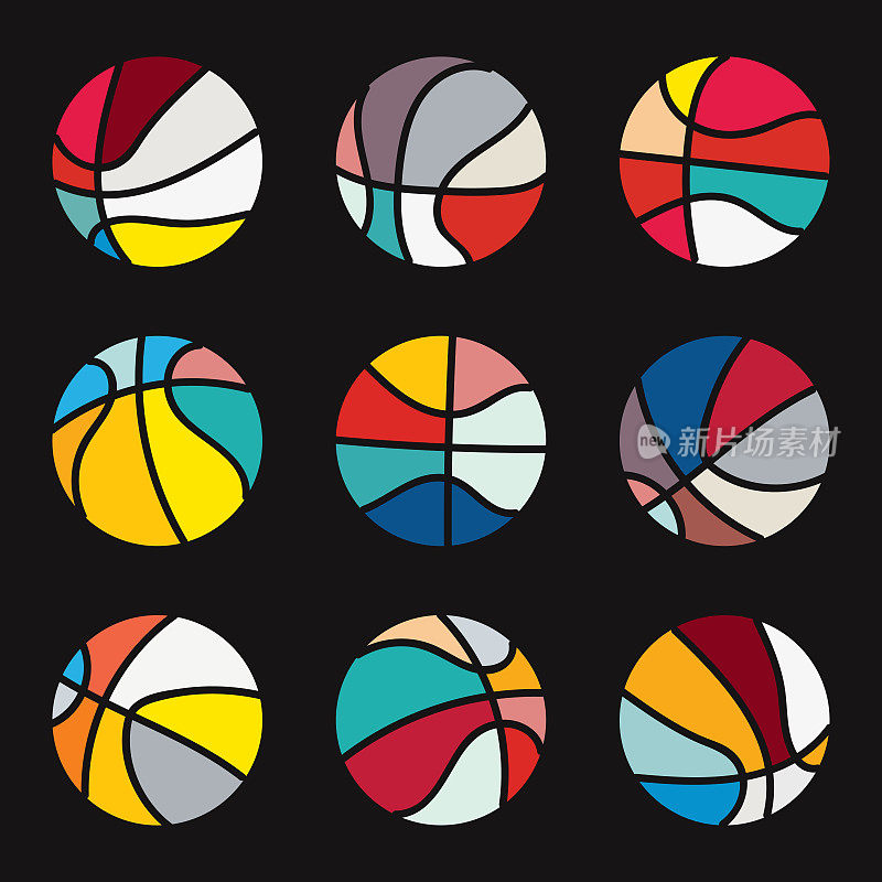 矢量颜色极简主义篮球图标插图集合