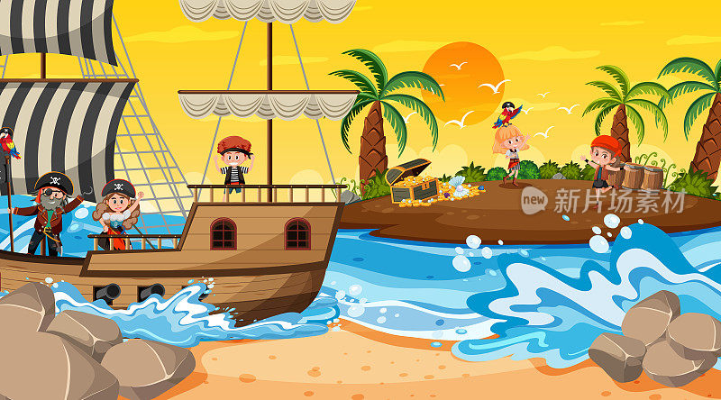 日落时分和海盗孩子们在金银岛的场景