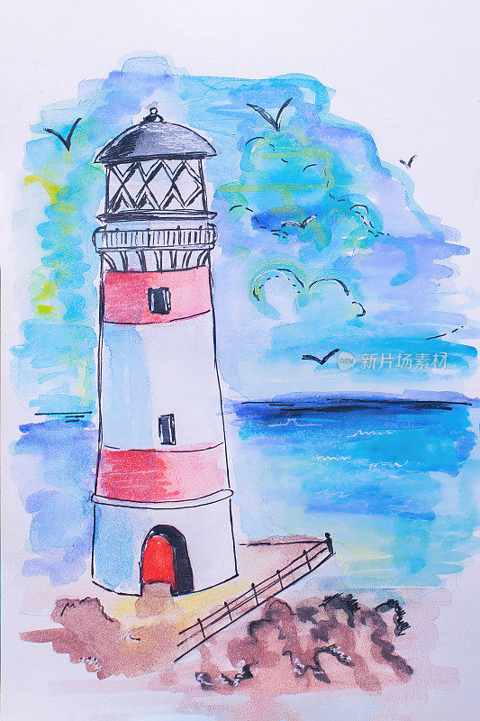 海边的灯塔。手绘的灯塔。水彩速写。