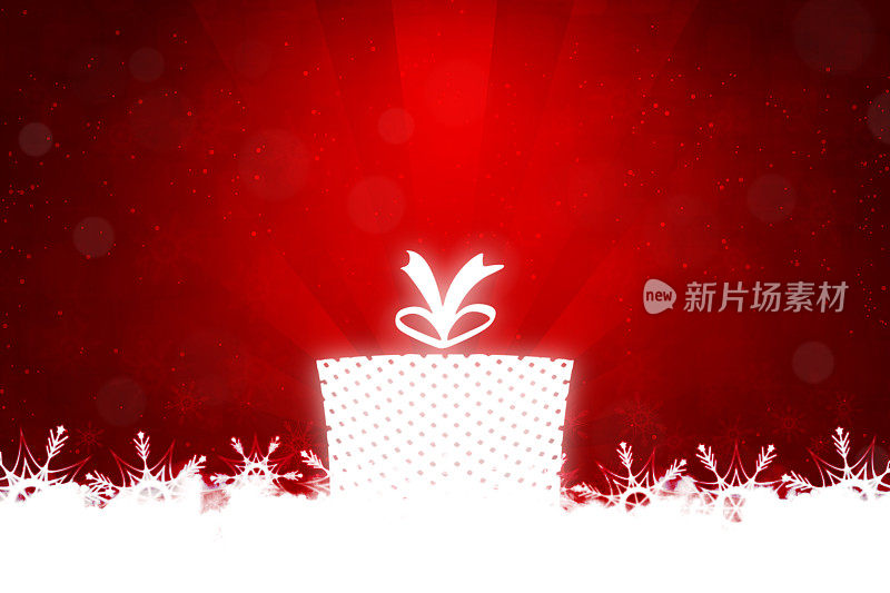 创意暗红色或栗色的圣诞节背景与一个大的白色礼盒或礼物与雪花全地面和阳光或微妙的太阳爆发在背景系蝴蝶结