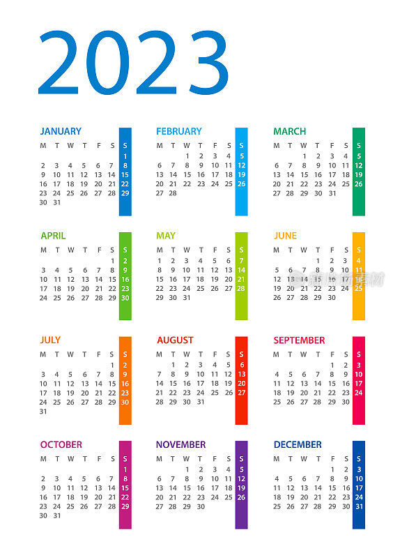 日历2023垂直彩色矢量插图。一周从星期一开始