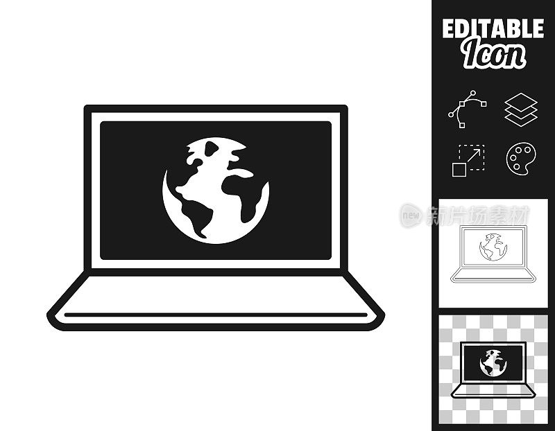 笔记本电脑与地球。图标设计。轻松地编辑