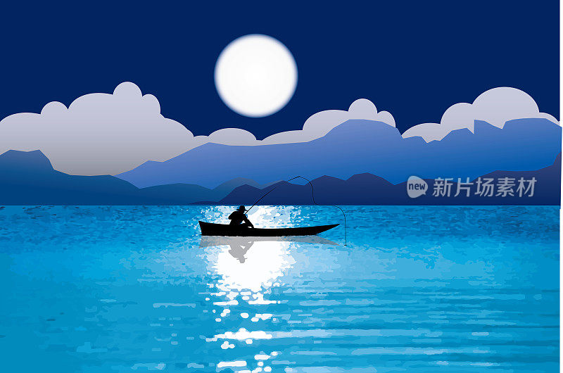 抽象剪影渔民在湖上的船与蓝山和圆月的天空背景。
