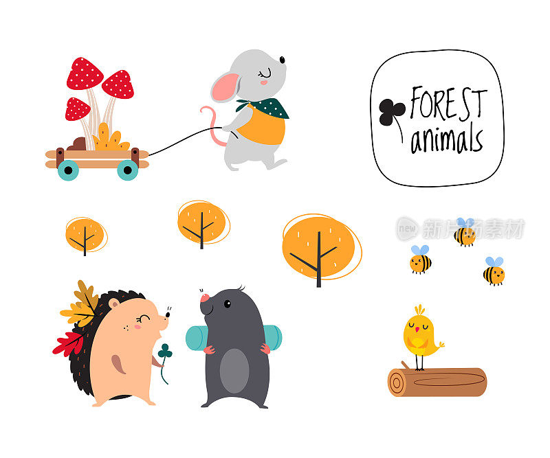 可爱的森林动物徒步旅行和野营在自然设置卡通矢量插画